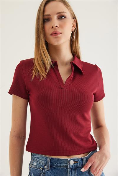Polo Yaka Kadın Kısa Kol Bluz Bordo