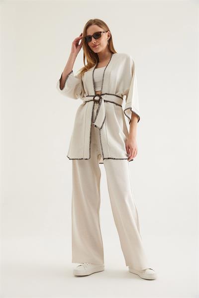 Dikiş Detaylı Kimono Pantolon İkili Takım Krem