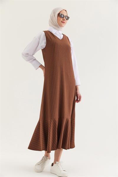 Çizgili Sıfır Kol Beli Kuşaklı Elbise Taba