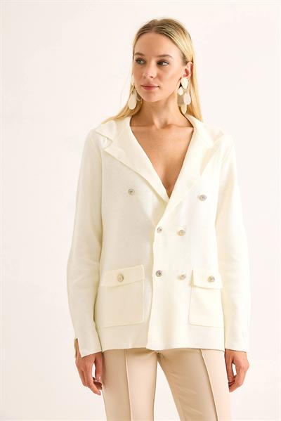 Blazer Triko Şık Düğmeli Ceket Beyaz