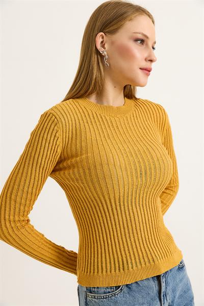 Bisiklet Yaka Triko Örme Bluz Hardal