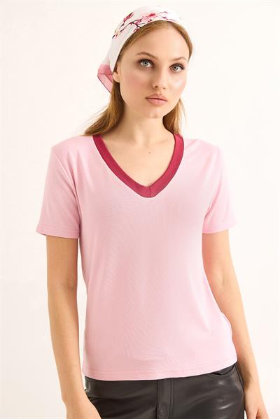 V Yaka  Kısa Kollu Kadın Kısa Tshirt Pembe