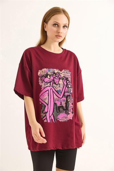 Baskılı Oversize Kesim Kadın Tshirt Bordo