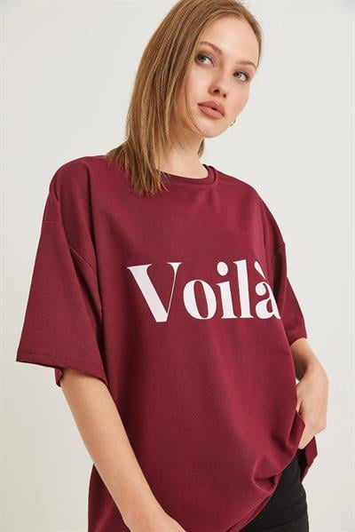 Voila Baskılı Oversize İki İplik Tshirt Bordo