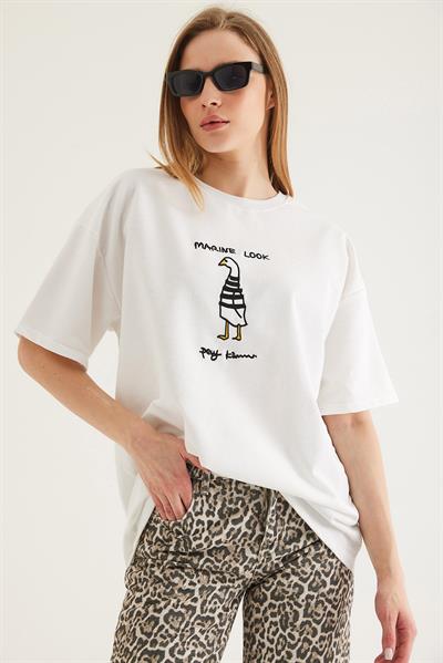 Bisiklet Yaka Oversize Baskılı Tshirt Beyaz
