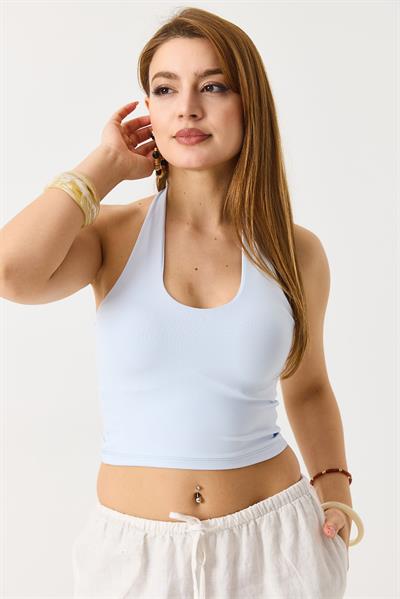 Kadın Boyundan Askılı Crop Bluz Mavi