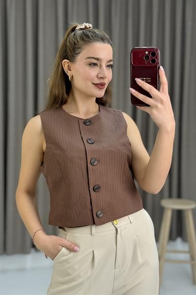 Kadın Çizgi Desenli Sıfır Kol Crop Yelek Kahverengi