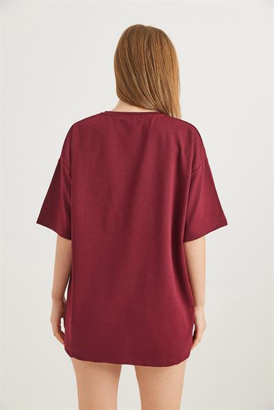 Voila Baskılı Oversize İki İplik Tshirt Bordo