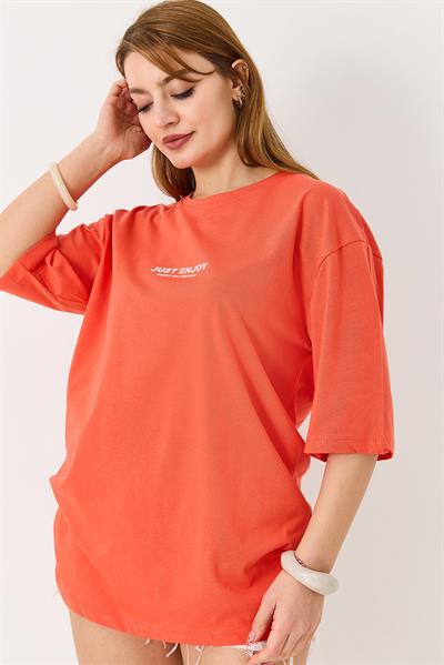 Kadın Yazı Baskılı Bisiklet Yaka Tshirt Nar Çiçeği