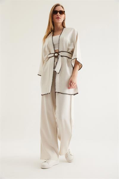 Dikiş Detaylı Kimono Pantolon İkili Takım Krem