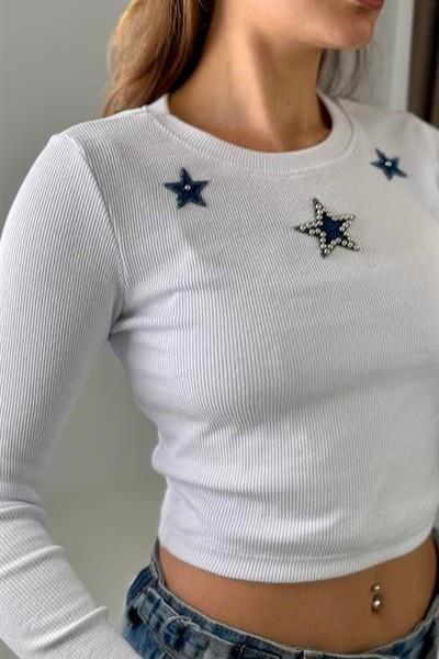 Kadın Uzun Kollu Kaşkorse Yıldız Nakışlı Crop Bluz