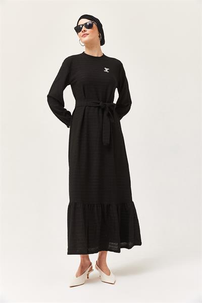 Kuşaklı Kat Keten Elbise Siyah