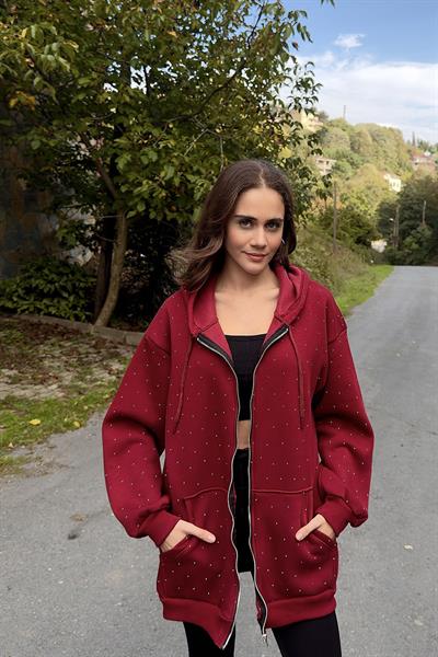 Kadın Taş Detaylı Üç İplik Oversize Kanguru Cep Sweat Hırka Bordo