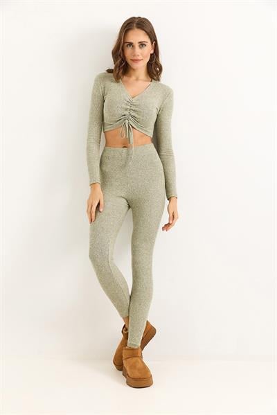 Kadın Fitilli Crop Bluz Pantalon Açık Yeşil Takım