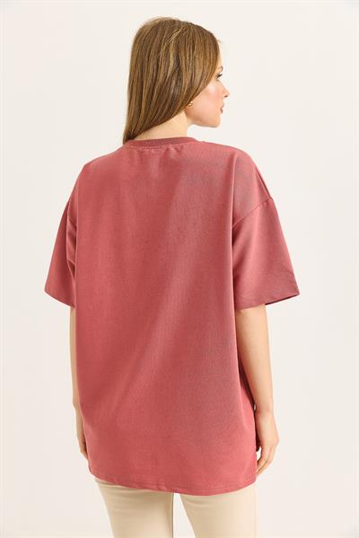 Kurdele Baskı Detaylı Basic TShirt Gül Kurusu