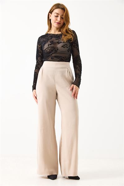 Kadın Tensel Kumaş Beli Lastikli Düz Salaş Pantolon Krem