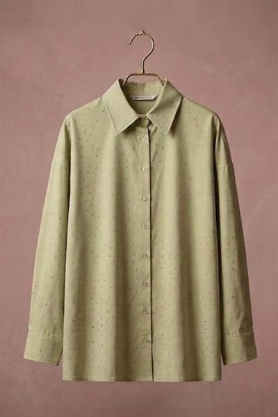 Kadın Taş Detaylı Oversize Şık Gömlek Yeşil