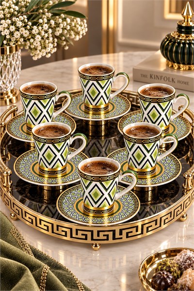 6lı Geometrik Desenli Tabağı İçe Geçmeli Fincan Takımı Yeşil