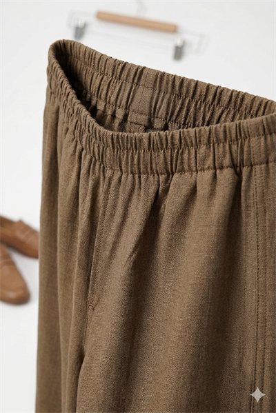Kadın Beli Kalın Lastikli Bol Kesim Kumaş Pantolon Toprak