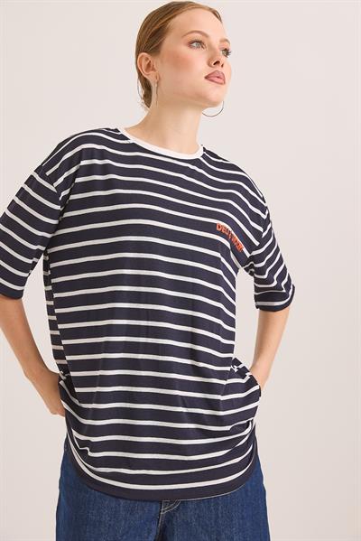 Karikatür Up Baskılı Çizgili Salaş Tshirt Lacivert