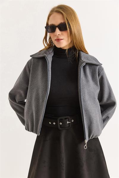 Gri Fermuarlı Cepli Polo Yaka Kaşe Bomber Mont