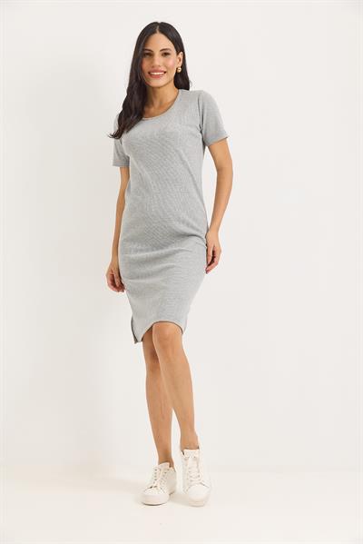 Kısa Kol Bisiklet Yaka Yırtmaç Detaylı Midi Elbise Gri
