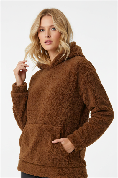 Kadın Kapüşonlu Welsoft Uzun Kollu Kahverengi Sweatshirt
