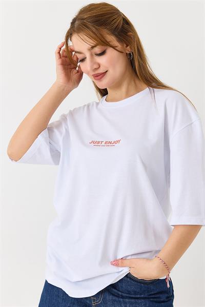 Kadın Yazı Baskılı Bisiklet Yaka Tshirt Beyaz