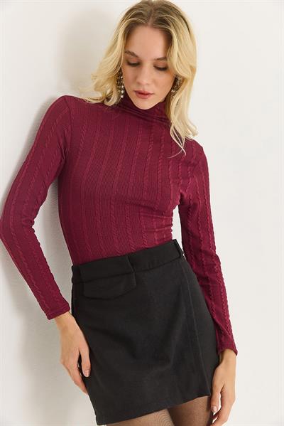 Kadın Balıkçı Yaka Triko Esnek Kazak Bordo