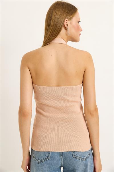 Tek Omuz Boyun Detaylı Triko Bluz Vizon