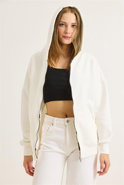 Kadın Oversize Kapüşonlu Fermuarlı Hırka Beyaz