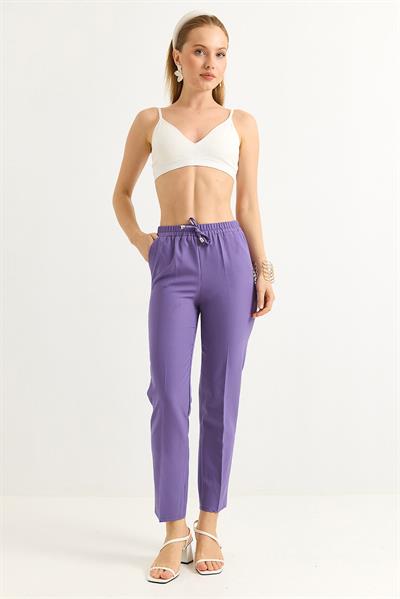 Beli Lastikli Kısa Paça Double Krep Pantolon Lila
