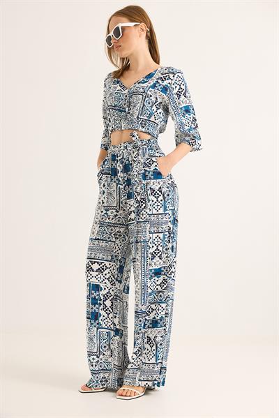 Etnik Desenli Kruvaze Yaka Crop Bluz Pantolon İkili Takım Mavi