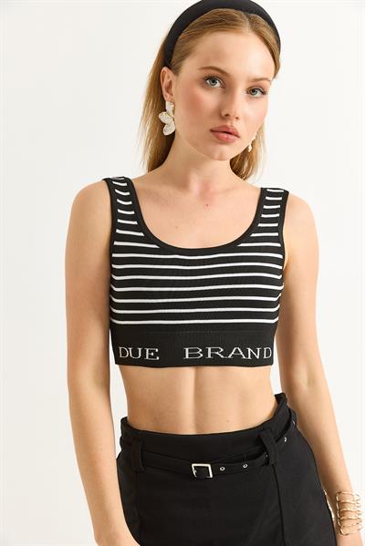 Çizgi Desenli Geniş Yaka Crop Triko Bluz Siyah