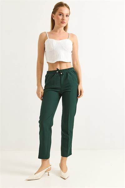 Beli Lastikli Kısa Paça Double Krep Pantolon Koyu Yeşil