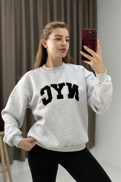 Kadın Bisiklet Yaka Üç İplik  NYC Baskılı Sweatshirt