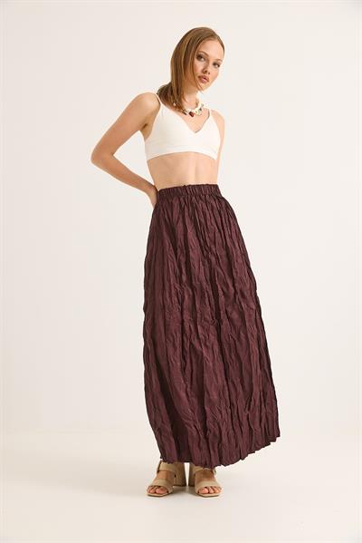 Kırışık Model Beli Lastikli Kadın Etek Mürdüm
