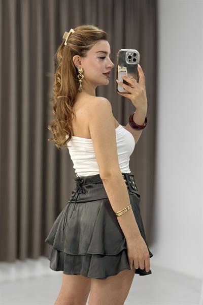 Kadın Şık Kemerli Saten Fırfırlı Etek Antrasit