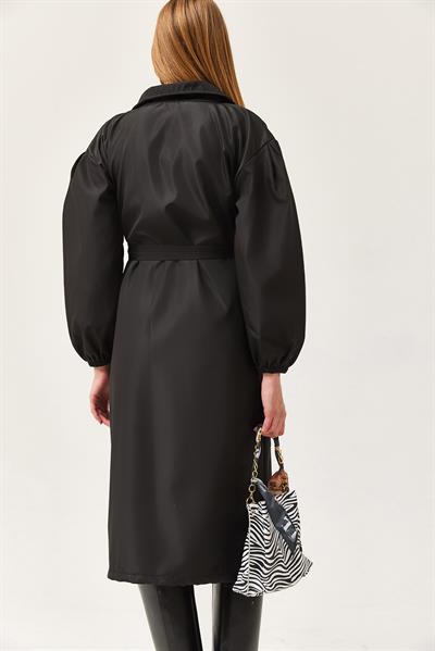 Bel Kuşaklı Oversize Trençkot Siyah