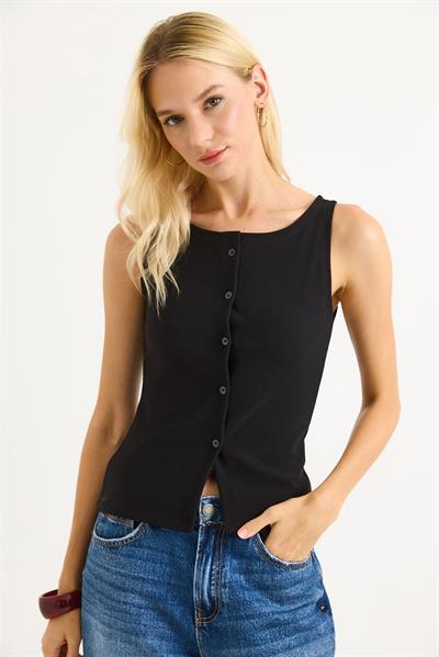 Düğmeli Fitilli Kumaş Kolu Askılı Bluz Siyah