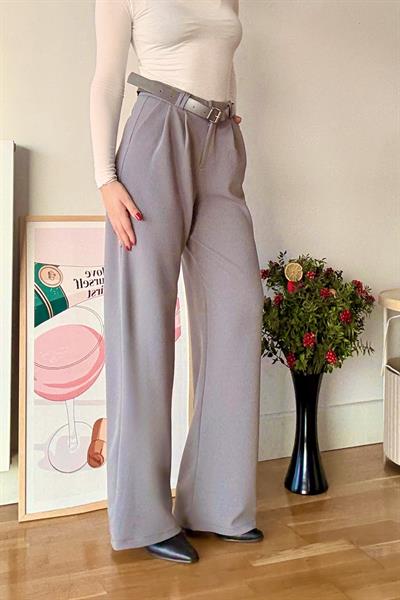 Likralı Krep Örme Kumaş Kemerli Salaş Pantolon Gri