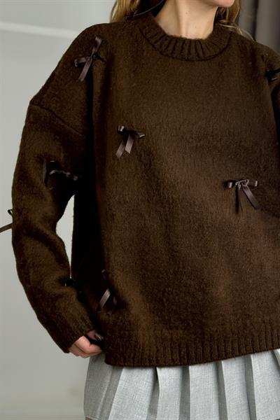 Kadın Kurdele Detaylı Oversize Triko Kazak Kahverengi