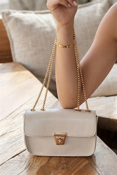 Gold Zincir Askılı Mini Vintage Deri Çanta Krem