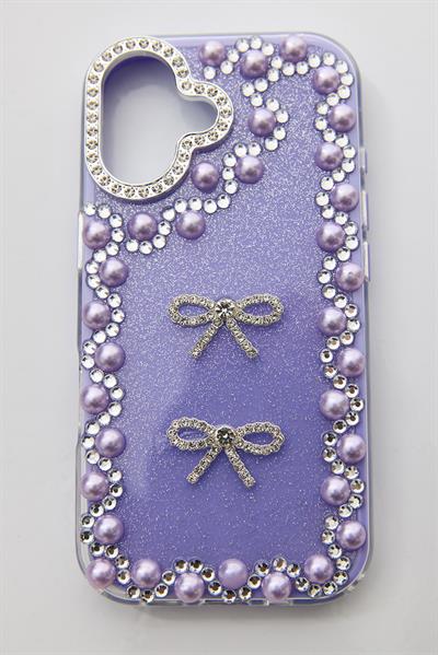 İphone 16 Uyumlu Taş Detaylı Telefon Kılıfı Mor