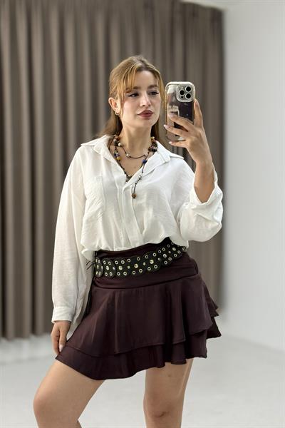 Kadın Şık Kemerli Saten Fırfırlı Etek Bordo