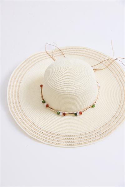 Fiyonk Detaylı Çizgili Hasır Plaj Havuz Şapkası Krem