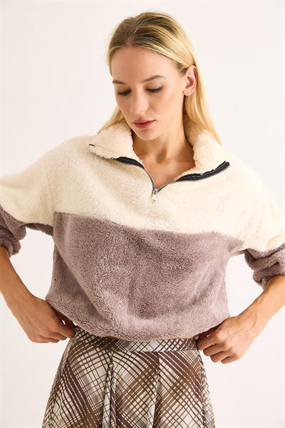 Yumuşak Beli ve Kolu Lastikli Fermuarlı Polar Swet Gri