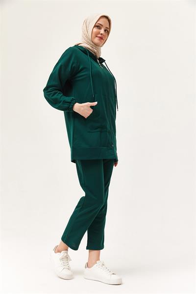 Kadın Kapüşonlu Fermuarlı İkili Takım Yeşil
