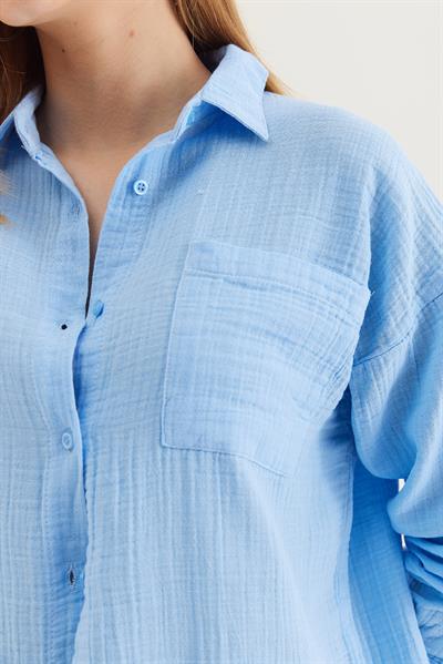 Uzun Kollu Oversize Gömlek Mavi