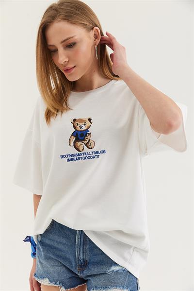 Bisiklet Yaka Oversize T-Shirt Beyaz